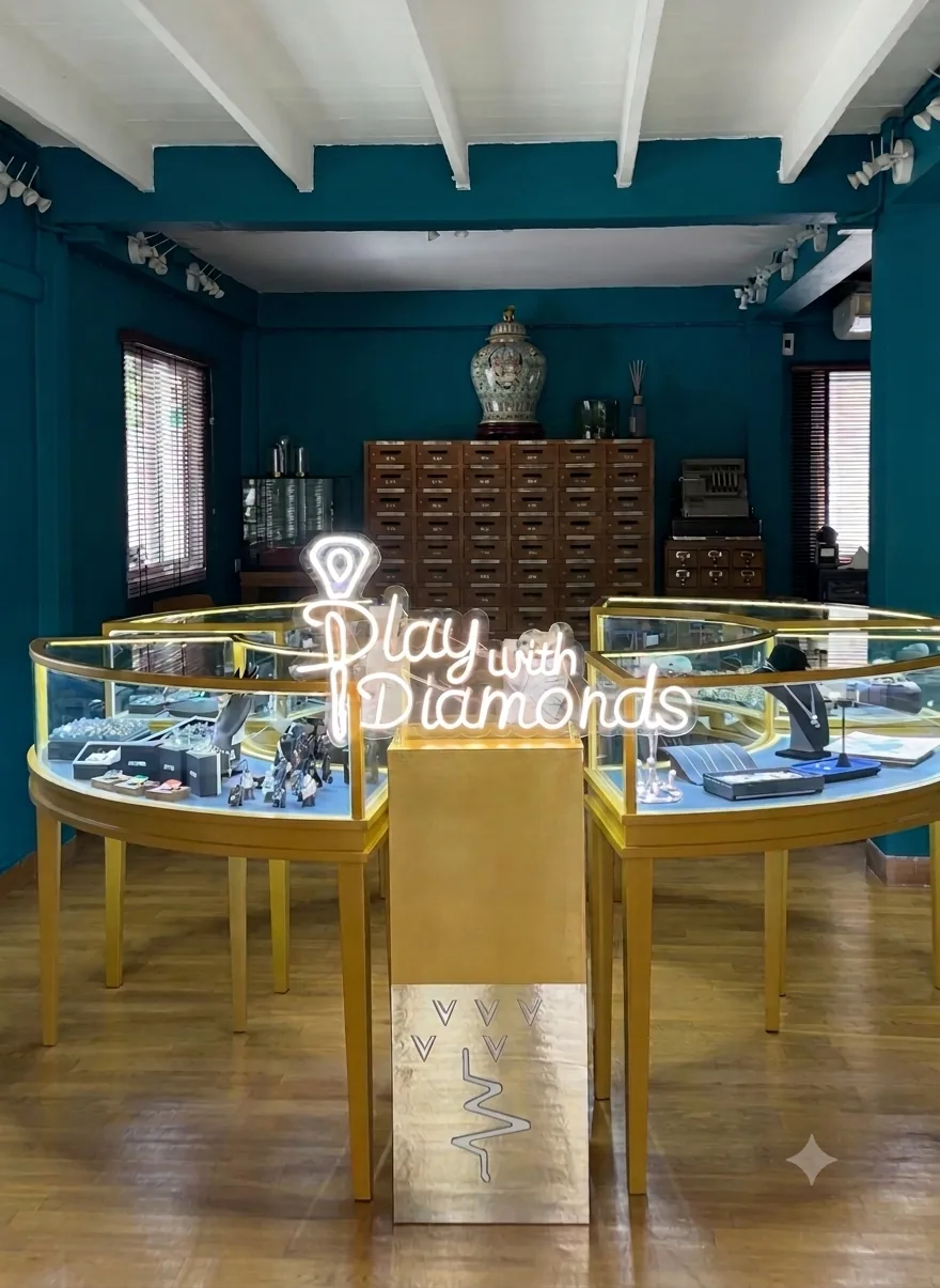 Inside the boutique in Bangkok: teal walls, brass display cases and the neon sign